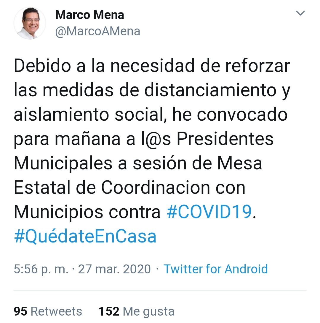 Gobernador  Marco Mena hace un llamado para reforzar medidas de  distanciamiento social.