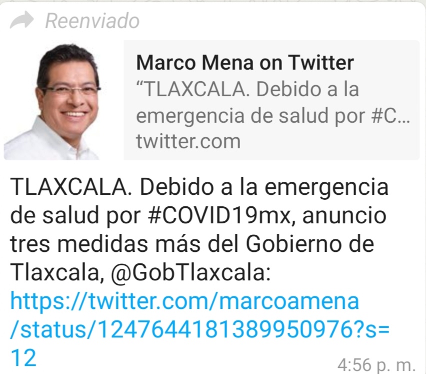 TLAXCALA. Debido a la emergencia de salud por #COVID19mx, anuncio tres medidas más del Gobierno de Tlaxcala