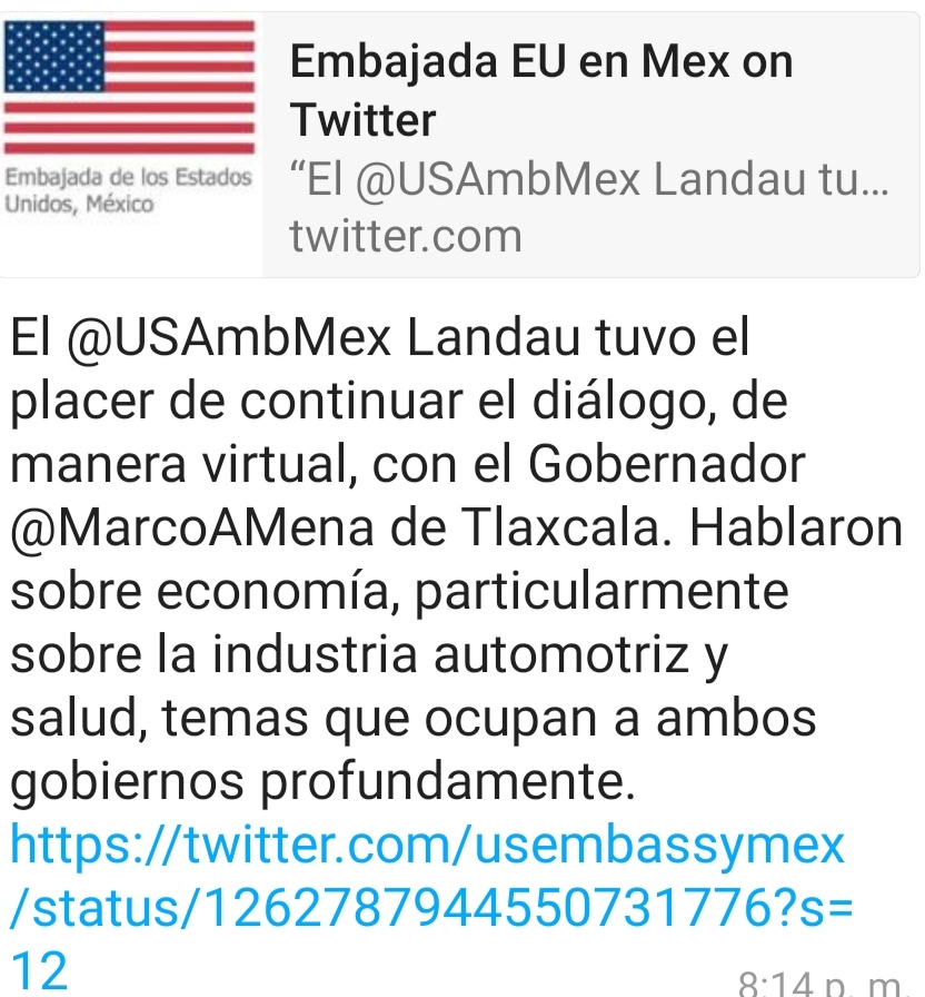 El @USAmbMex Landau tuvo el placer de continuar el diálogo, de manera virtual, con el Gobernador @MarcoAMena de Tlaxcala.