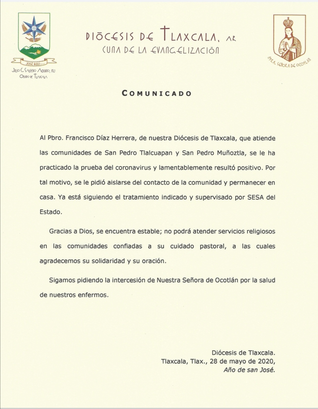 Sacerdote de la población de Tlalcuapan perteneciente al municipio de Chiautempan da positivo a la prueba del Covid19
