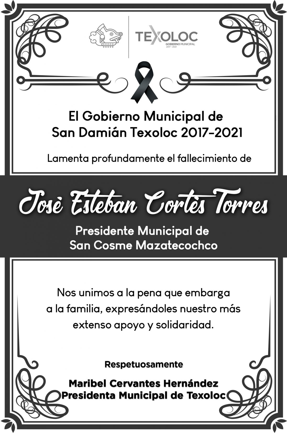 El gobierno Municipal de San Damián Texoloc lamenta el fallecimiento de José Esteban Cortés Tórrez
