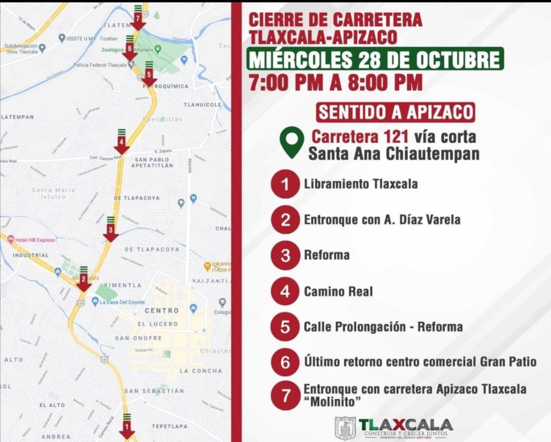 TómaloEnCuenta Hoy cierre en la carretera Tlaxcala-Apizaco con sentido #Apizaco, de 7:00 pm a 8:00 pm. Toma precauciones.