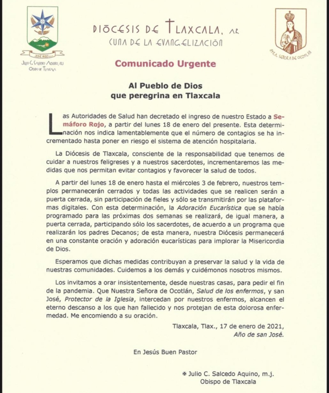 Comunicado urgente Diócesis de Tlaxcala