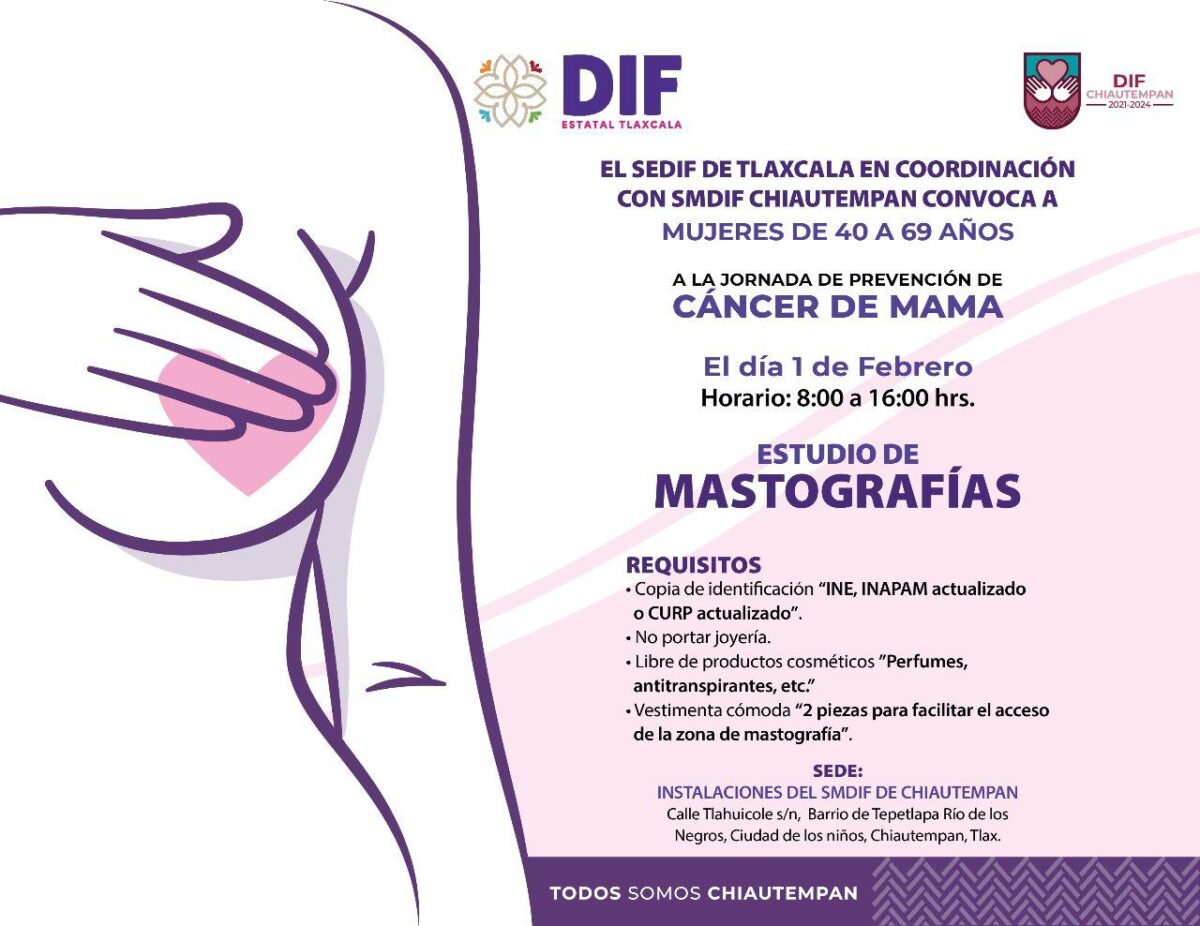 Llevará a cabo SMDIF Chiautempan jornada de mastrografías gratuitas este 1 de febrero