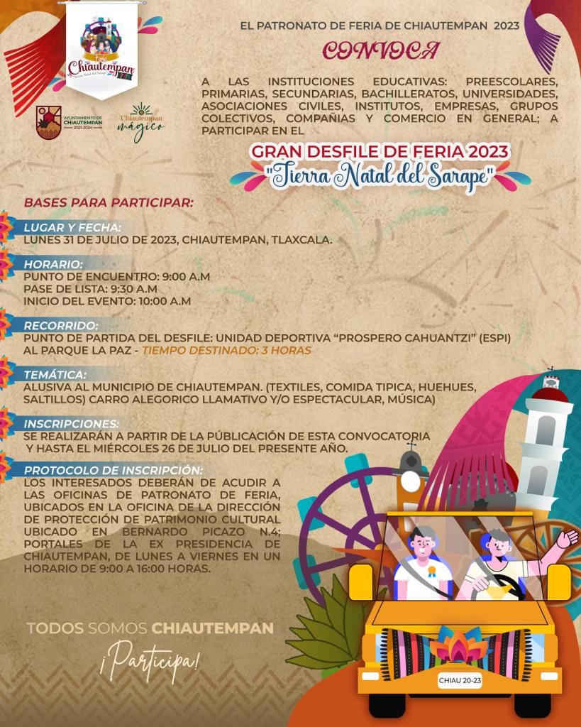 Invita Ayuntamiento de Chiautempan a participar en Gran desfile de Feria 2023