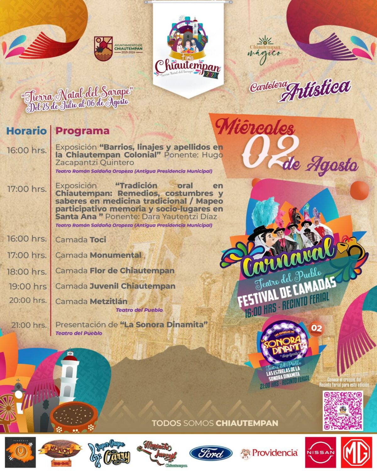 Este miércoles, Festival de Camadas de Huehues y Sonora Dinamita en la Feria de Chiautempan
