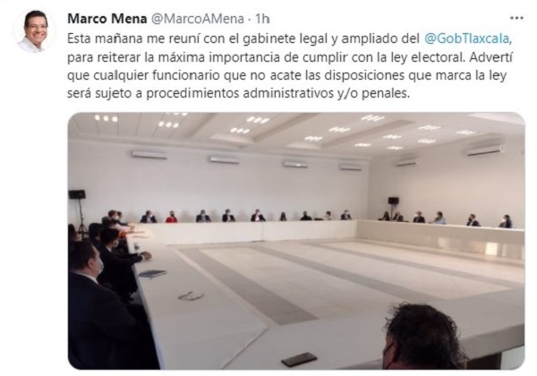 MARCO MENA REÚNE A GABINETE ESTATAL PARA  REITERAR CUMPLIMIENTO DE LEY ELECTORAL