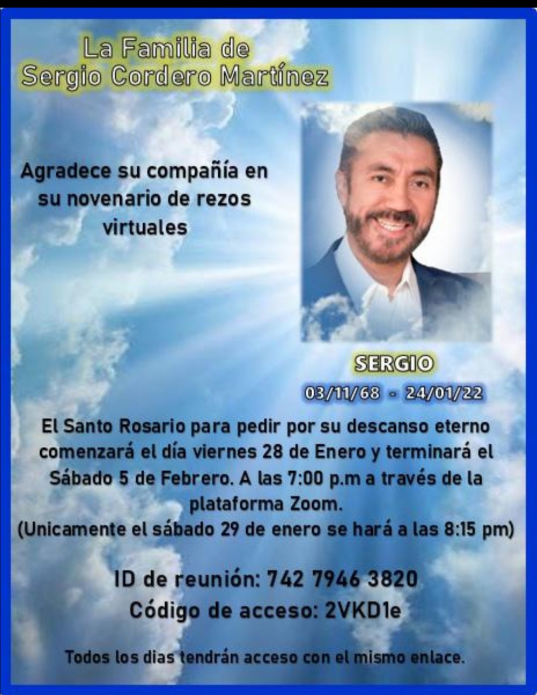 Santo Rosario para pedir por el descanso eterno de Sergio Cordero Martínez
